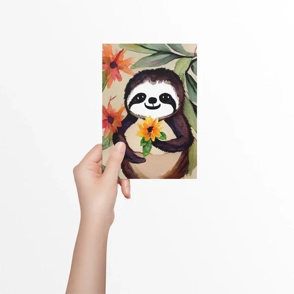 Wall Art Watercolor Floral Cute Sloth Illustration Print Poster Card Unframed - Picture 4 of 5